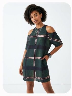 Laura Siegel Moss Grid Cold Shoulder 100% Silk Tunic Dress - Size Small